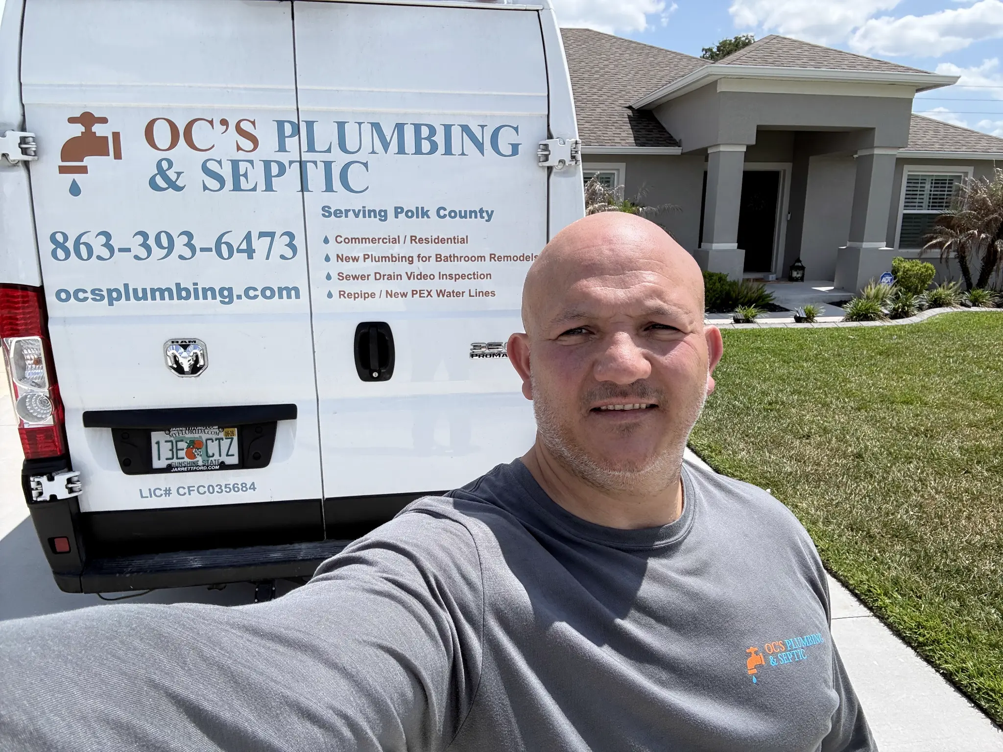 The owner of OC's Plumbing & Septic on a residential job site in Central Florida